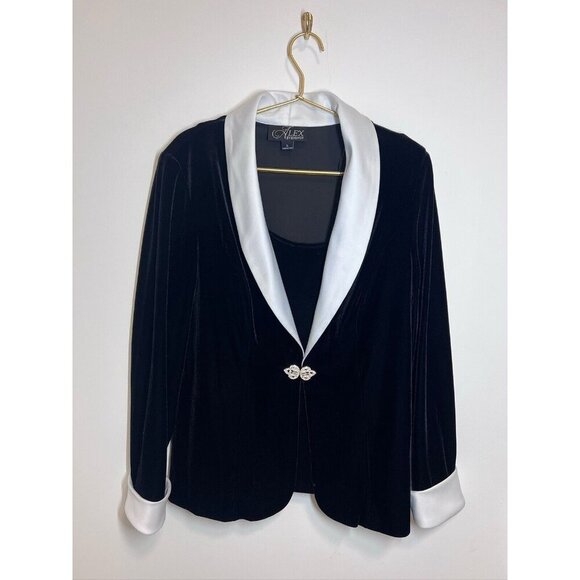 Alex Evenings Set Crystal Hook Front Satin Velvet Blazer Shirt Black Large - Picture 2 of 10